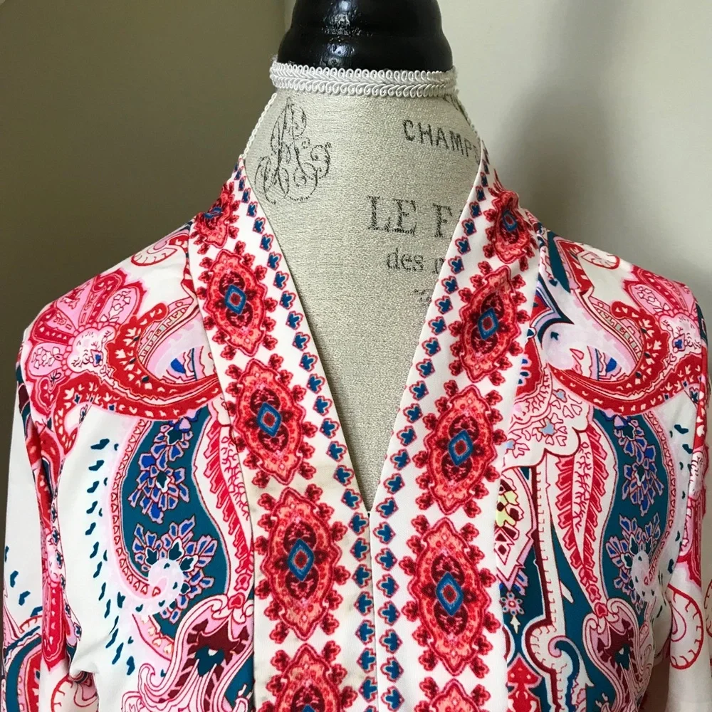 NWT Goodnight Macaroon Lola Dress Womens Small Red Blue Long Sleeve V-Neck Belt - Picture 5 of 12